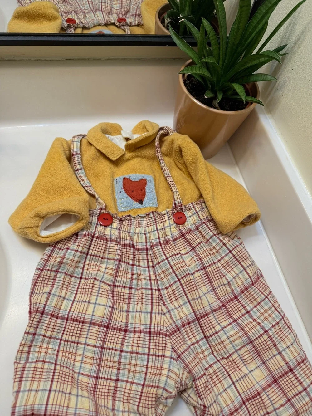 VTG 90s Babymini par Catimini Fleece Top Plaid Overalls Set 6M 67cm Fox French